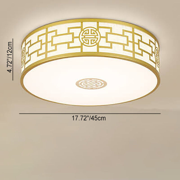 Traditional Chinese Round Fabric Drum LED Flush Mount Ceiling Light For Living Room