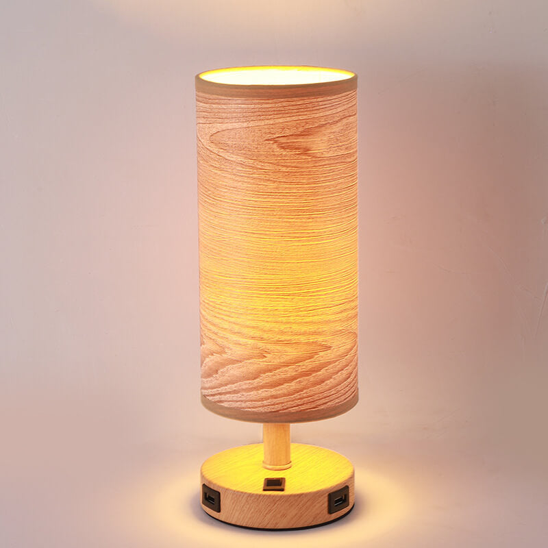 Moderne 1-flammige Tischlampe mit Holzmaserung und Stoffschirm 