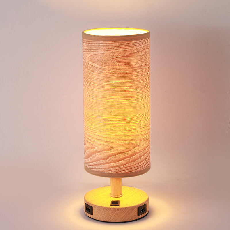 Moderne Tischlampe mit Holzmaserung Stoffschirm 1-Licht 
