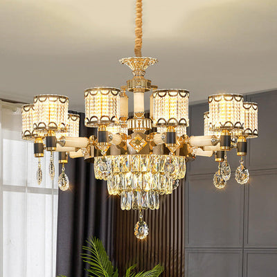 Modern Luxury Cylindrical Zinc Alloy Crystal Jade 6/8/10 Light Chandelier