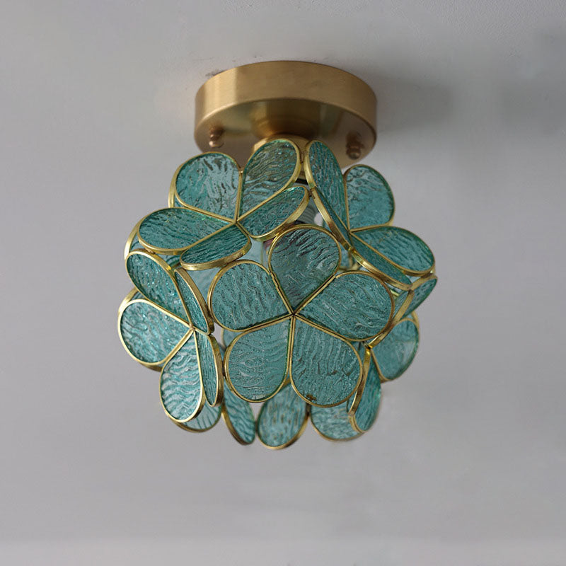 Modern Art Deco Brass Finish Frame Petal Glass Shade 1-Light Semi-Flush Mount Ceiling Light For Living Room