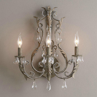 French Vintage Iron Crystal Hardware 3-Light Wall Sconce Lamp