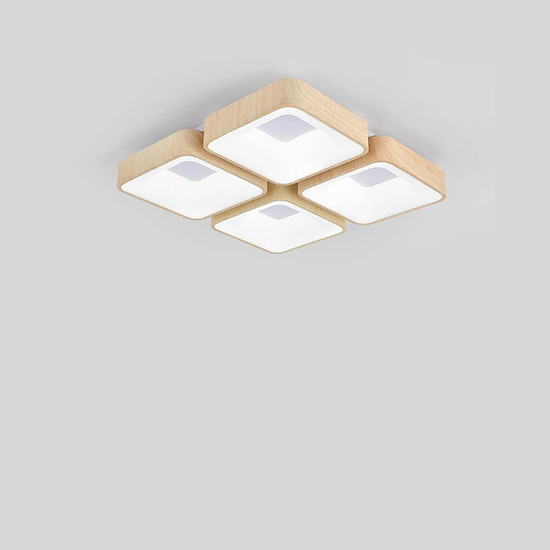 Japanese Simple Square Geometric Iron Woodgrain LED Flush Mount Ceiling Light