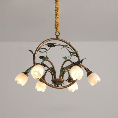 Modern Art Deco Iron Lacquered Ring Tulip Glass Crystal Shade 6/8-Light Chandelier For Living Room