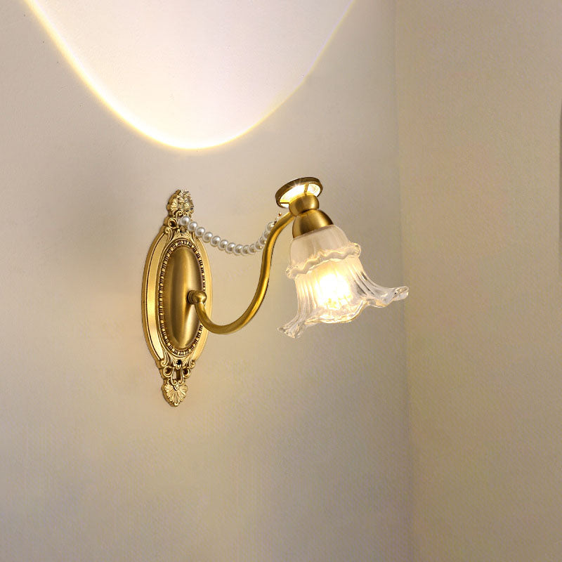 Traditional French Floral Brass Glass 1-Light Wall Sconce Lamp For Bedroom