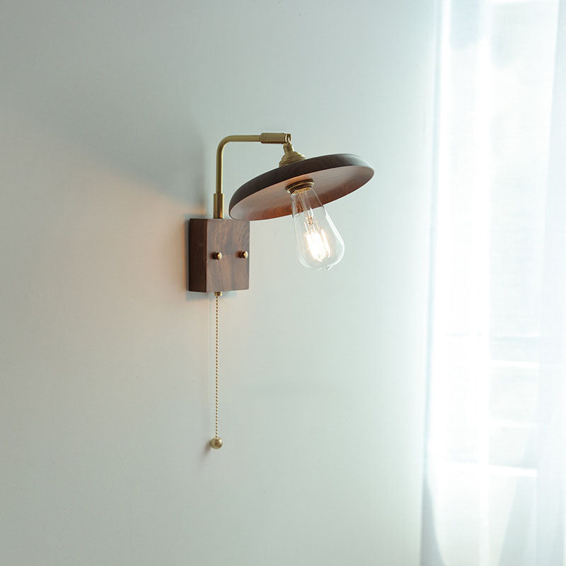 Vintage japanische Walnuss runde 1-Licht Zugschnur drehbare Wandleuchte Lampe