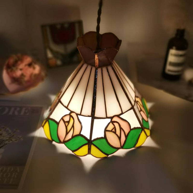Traditional Tiffany Tapered Green Leaf Rose Copper Stained Glass 1-Light Pendant Light For Bedroom