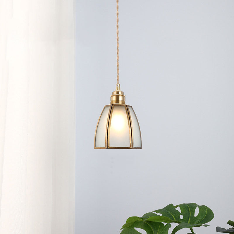 Lámpara colgante vintage tradicional de 1 luz con pantalla cónica de vidrio y cobre para sala de estar 