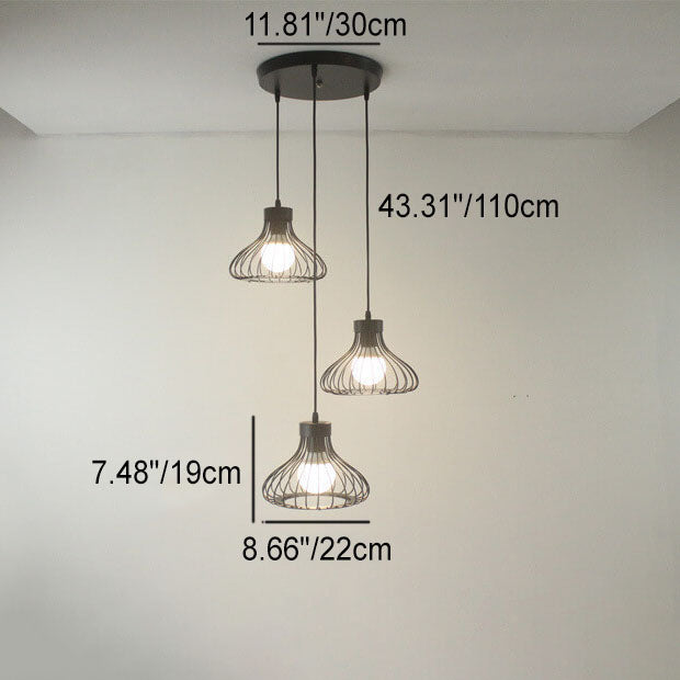Zeitgenössischer industrieller Eisen-Schwarzer ovaler, hohler Käfig-1/3-Licht-Insel-Licht-Kronleuchter für das Wohnzimmer 