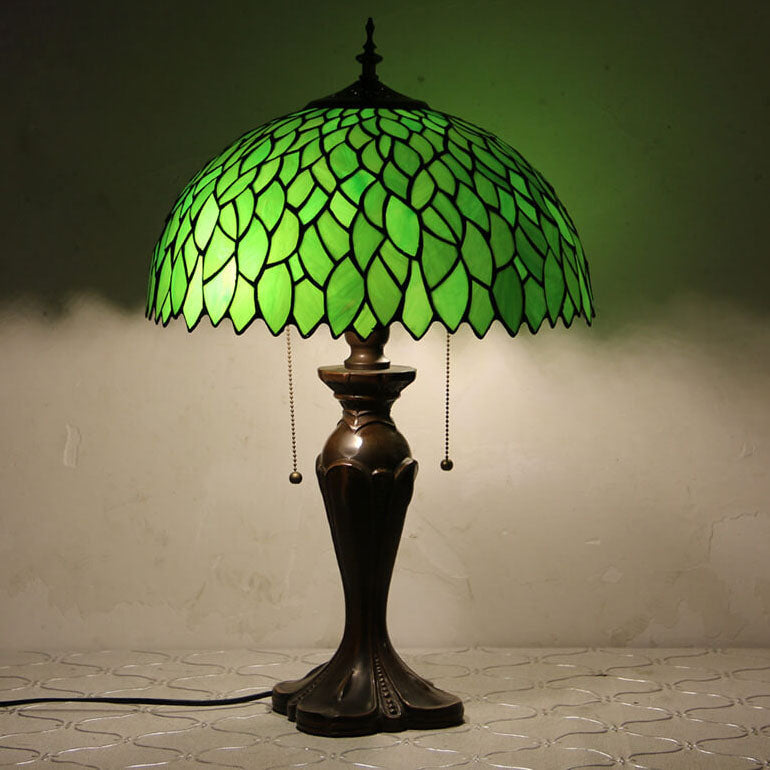 Lampe de table Tiffany avec fleur rétro européenne en verre teinté à 1 lumière avec cordon de tirage 