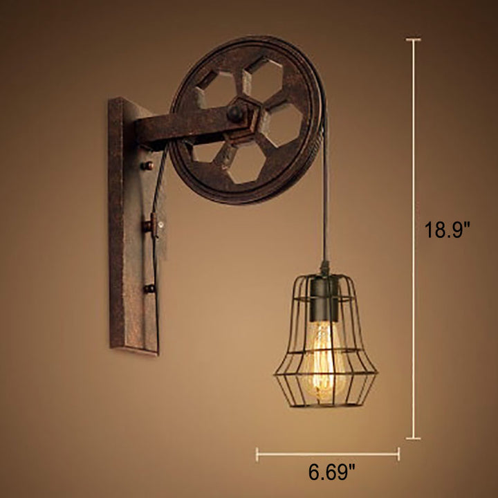 Traditional Vintage Pulley Iron Wood 1-Light Wall Sconce Lamp
