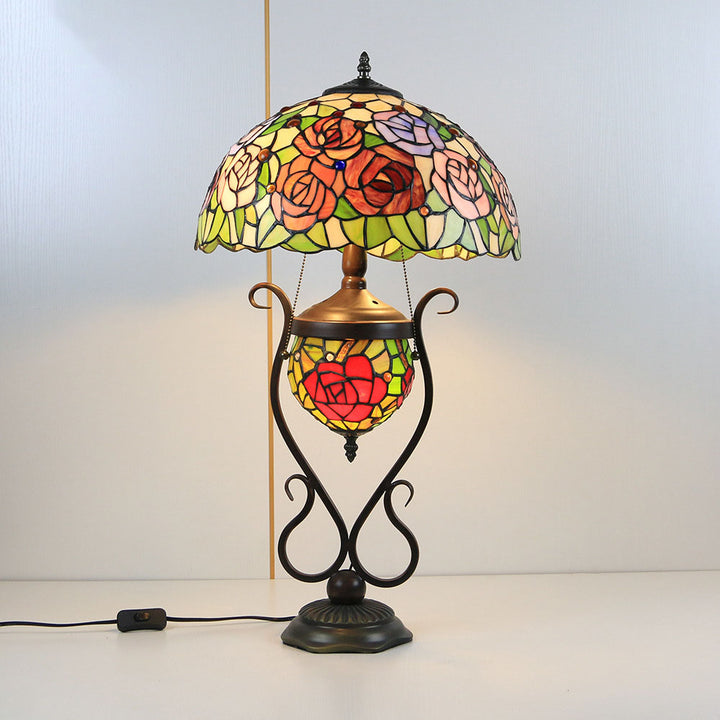 Traditional Tiffany Floral Stained Glass Iron Resin Round Pot 3-Light Table Lamp For Bedroom
