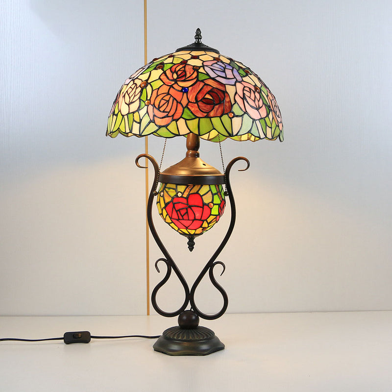 Tiffany European Vintage Floral Stained Glass Round Pot 3-Light Table Lamp