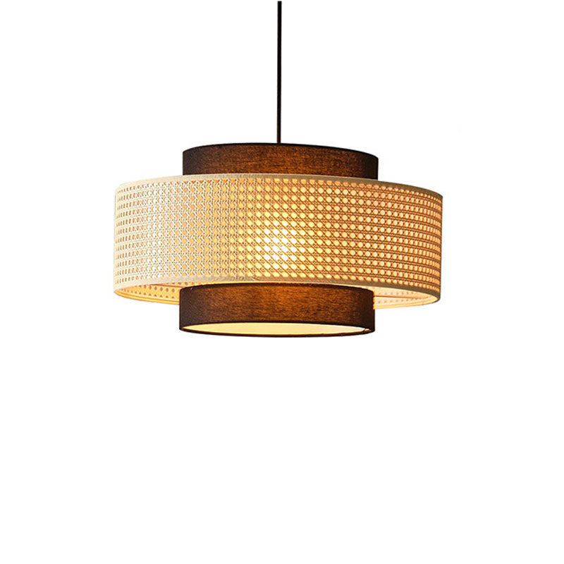 Traditional Vintage PE Rattan Weaving Fabric Round Drum 1-Light Pendant Light For Dining Room