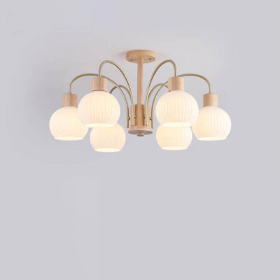 Modern Cream Round Lantern Iron Solid Wood Glass 6/8 Light Chandelier