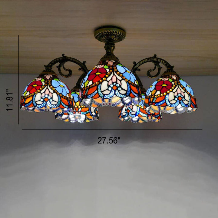 Traditionelle europäische Tiffany Eisen Buntglas 3/5/6-Licht Halbbündige Montage Licht 