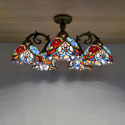 Traditional European Tiffany Iron Stained Glass 3/5/6-Light Semi-Flush Mount Light