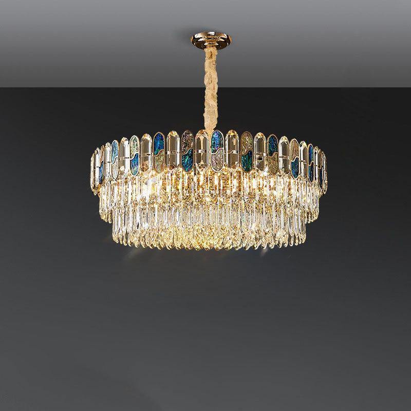 Modern Luxury Round Shell Embellishment Tiered Iron Crystal Shade 11/12/15/21/28-Light Chandelier For Living Room