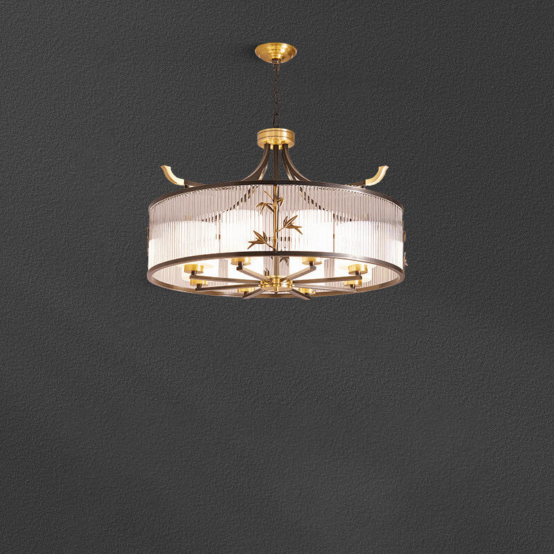 Chandelier traditionnel chinois à cadre en cuivre avec abat-jour en verre nervuré 4/6/8 lumières pour salon 
