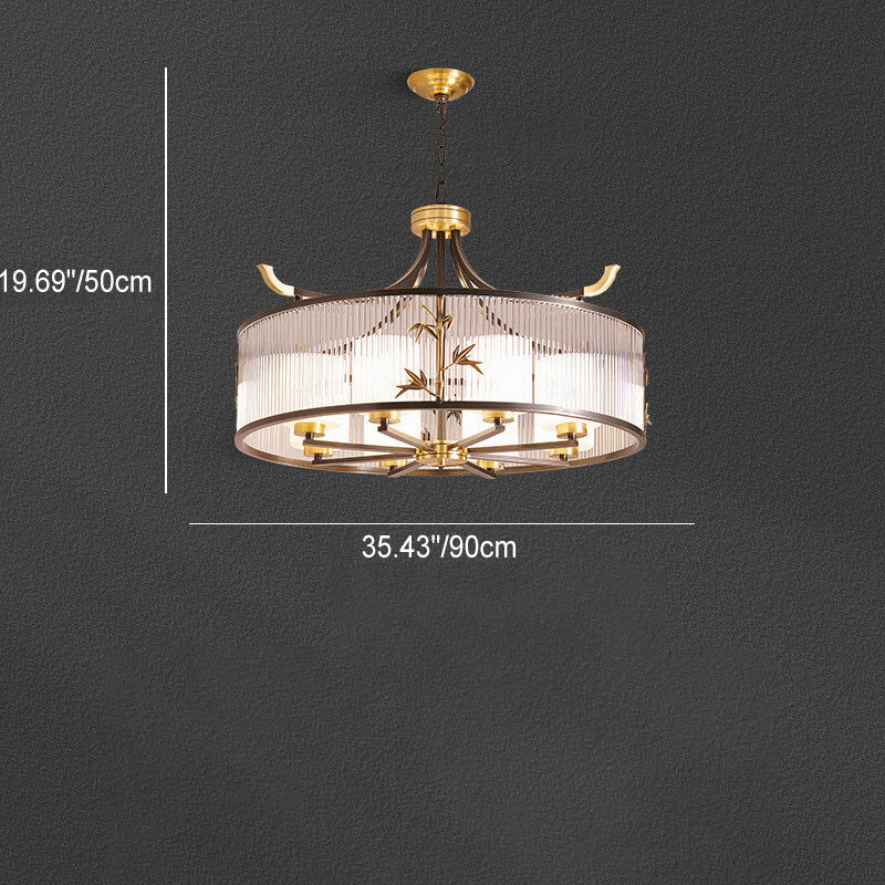 Chandelier traditionnel chinois à cadre en cuivre avec abat-jour en verre nervuré 4/6/8 lumières pour salon 