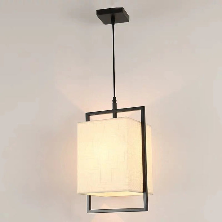 Traditional Chinese Square Fabric Iron Frame 1-Light Pendant Light for Living Room