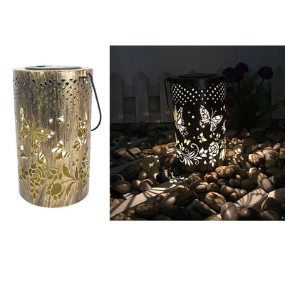 Solar Retro Iron Lantern Hollow Outdoor Decorative Camping Landscape Light