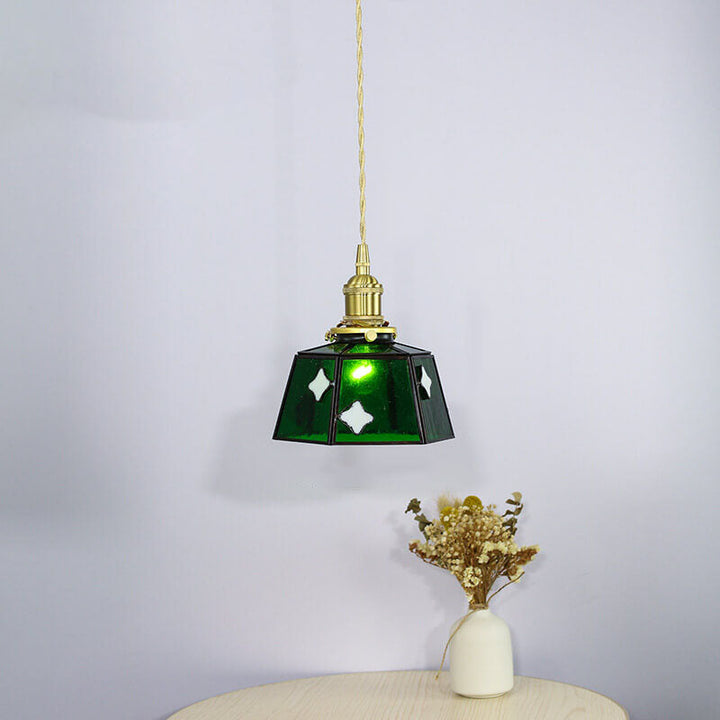 Vintage Buntglas Geometrischer Kegel Kupfer 1-Licht Pendelleuchte