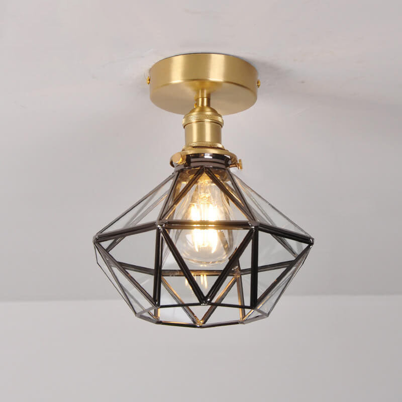 Modern Brass Glass Diamond 1-Light Semi-Flush Mount Ceiling Light