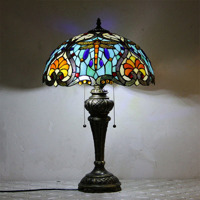 European Vintage Tiffany Dragonfly Peacock Glass Resin 1-Light Table Lamp