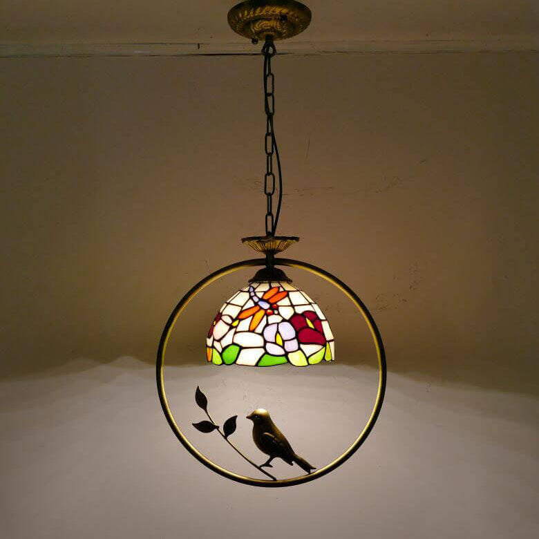 Tiffany Rustic Dome Stained Glass Ring Bird Design 1-Light Pendant Light