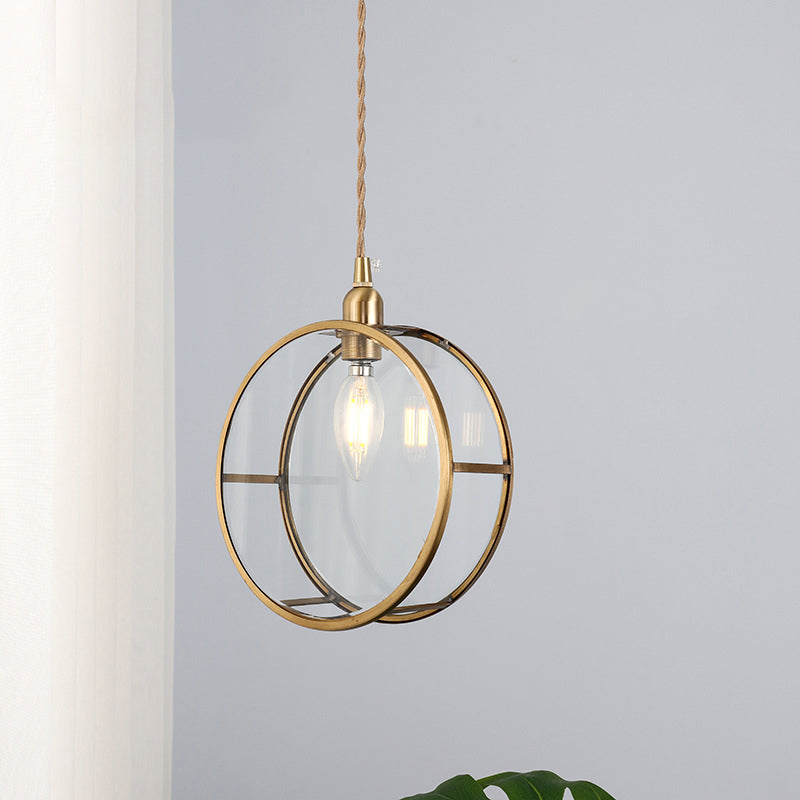 Japanese Vintage Round Drum Glass Brass 1-Light Pendant Light