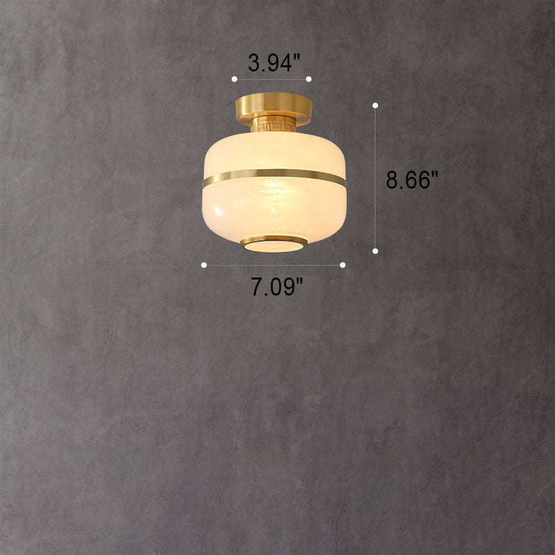 Modern Chinese Copper Fabric Round Tassel 1-Light Semi-Flush Mount Ceiling Light