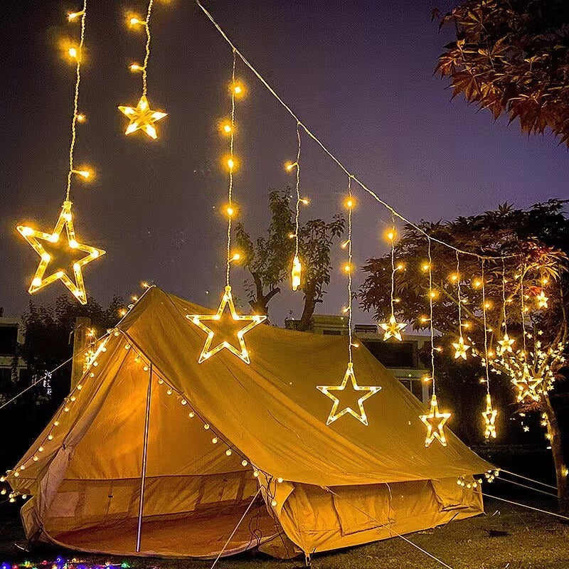 LED-Solar-Stern-Mond-Vorhang-Licht-Weihnachtsterrasse im Freien Dekorative Camping-Schnur-Lichter 