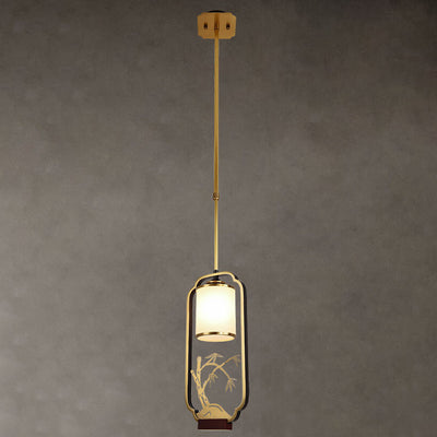 Modern Chinese Glass Shade Ring Brass Zen 1-Light Pendant Light