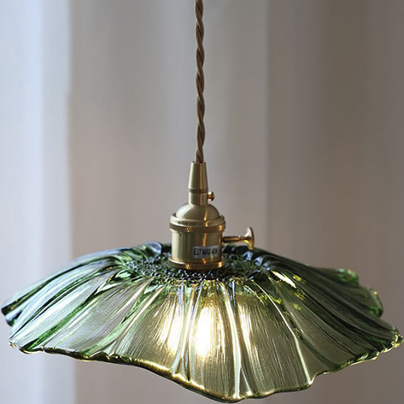Traditionelle Vintage Messing Lotusblatt Glasschirm 1-Licht Pendelleuchte für Wohnzimmer 
