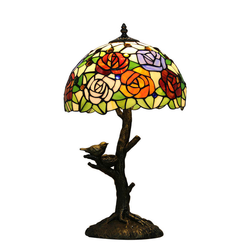 Lampe de table à 1 lumière en verre teinté avec design de papillon et rose Art Tiffany 