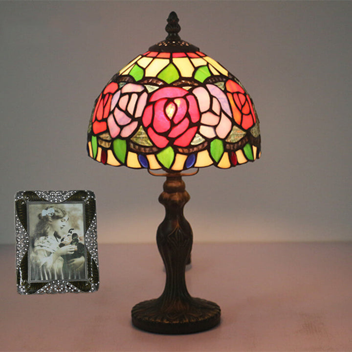 Retro Tiffany Flowering Rose Stained Glass 1-Light Table Lamp