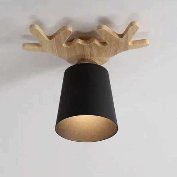 Contemporary Nordic Antler Wood Cone 1-Light Semi-Flush Mount Ceiling Light for Living Room