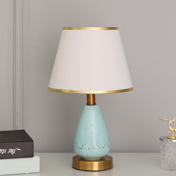 Lámpara de mesa de 1 luz con base de jarrón minimalista moderno redonda trapezoidal de cerámica, metal y tela para dormitorio 