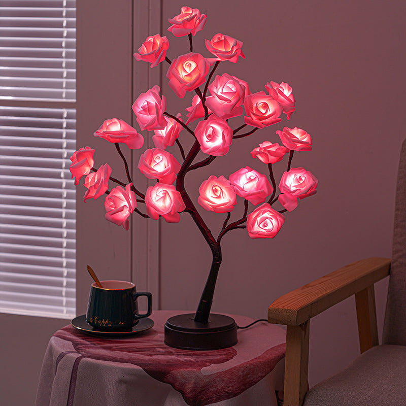 Contemporary Creative Plastic High-Density Polymer Foam Simulation Tree LED Rose Tree Decoration Table Lamp For Bedroom &amp; Living Room