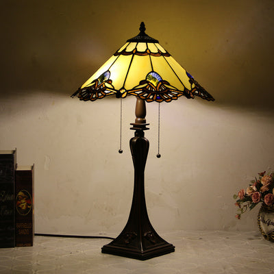 Lámpara de mesa de 2 luces con cordón de tiro en forma de cono de vidrio teñido estilo Tiffany Mediterráneo 
