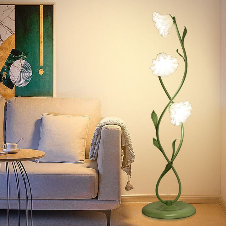 Zeitgenössische skandinavische florale Glasschirm-Twist-Ring-Branch-Halter 3-Licht Stehleuchte für Zuhause Büro 