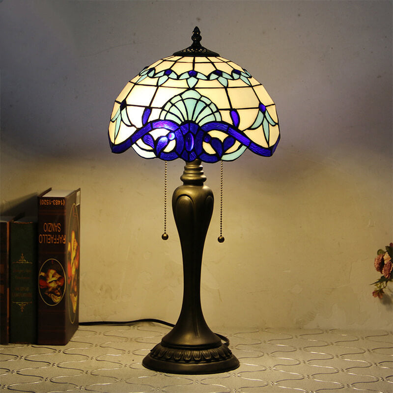 Vintage Tiffany Baroque Stained Glass Dome Pull Cord 1-Light Table Lamp