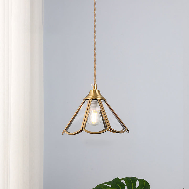 Traditional Vintage Petal Cone Glass Copper 1-Light Pendant Light for Living Room