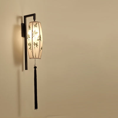 Chinese Vintage Painted Fabric Lantern Tassel 1-Light Wall Sconce Lamp