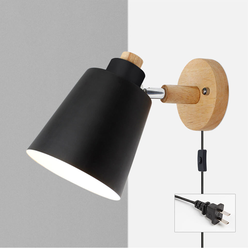 Minimalist Macaron Barrel Shade Wooden Chassis Plug 1-Light Wall Sconce Lamp for Living Room