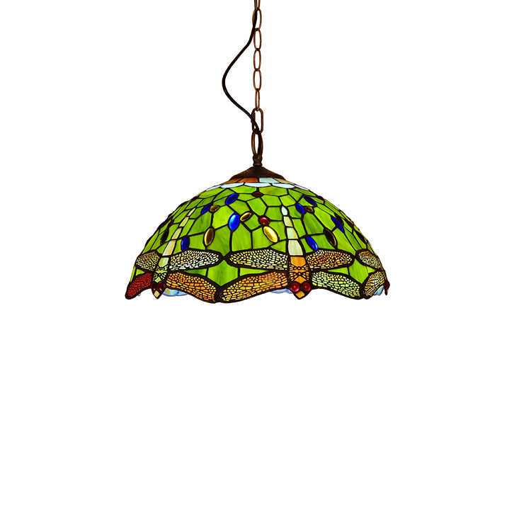 Tiffany European Dragonfly Stained Glass Dome 1-Light Pendant Light