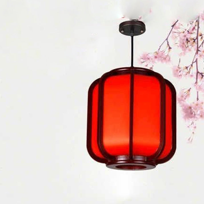 Traditional Chinese Faux Sheepskin Wooden Lantern Round 1-Light Pendant Light for Living Room