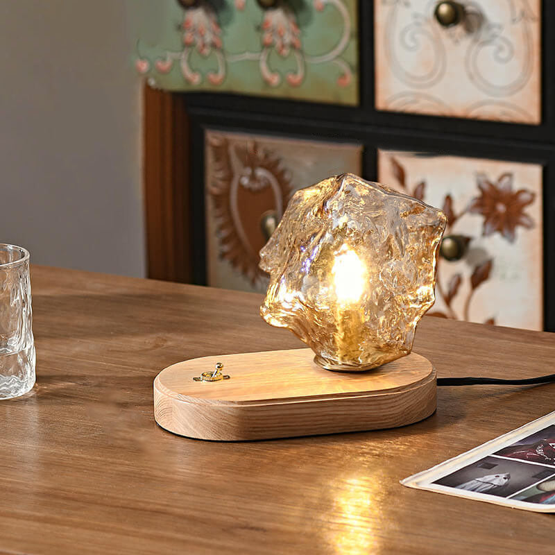 Japanische Vintage Walnuss Unregelmäßige Glaslampenschirm 1-Licht Tischlampe 