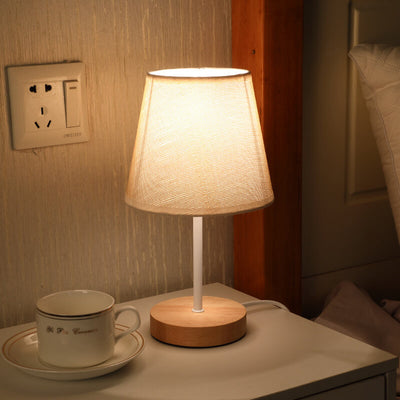 Nordic Vintage Fabric Cone Solid Wood LED Table Lamp
